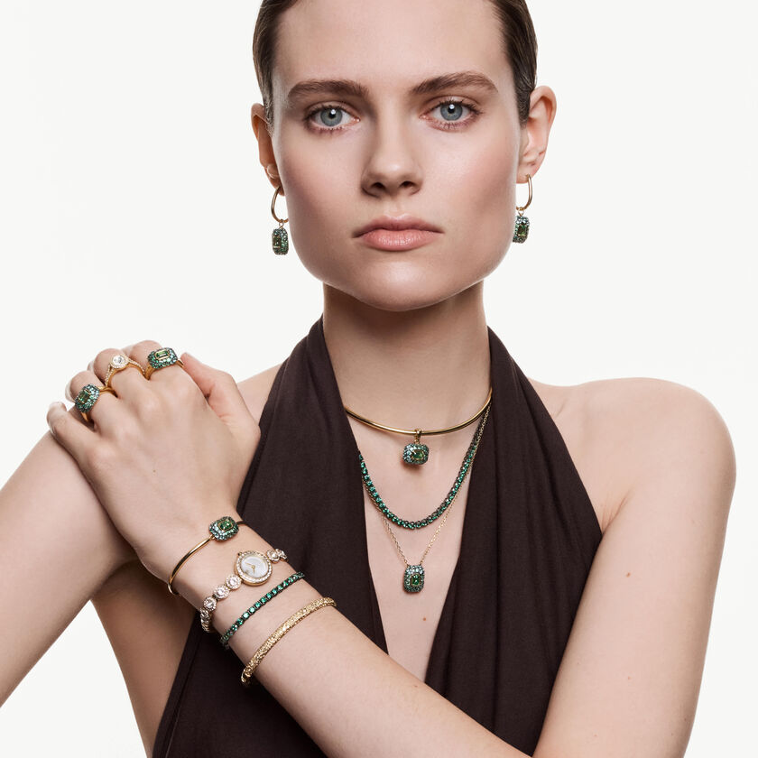 swarovski sublima drop earrings  octagon cut  green  18k gold finish