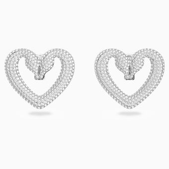 Una clip earrings, Heart, Medium, White, Rhodium plated