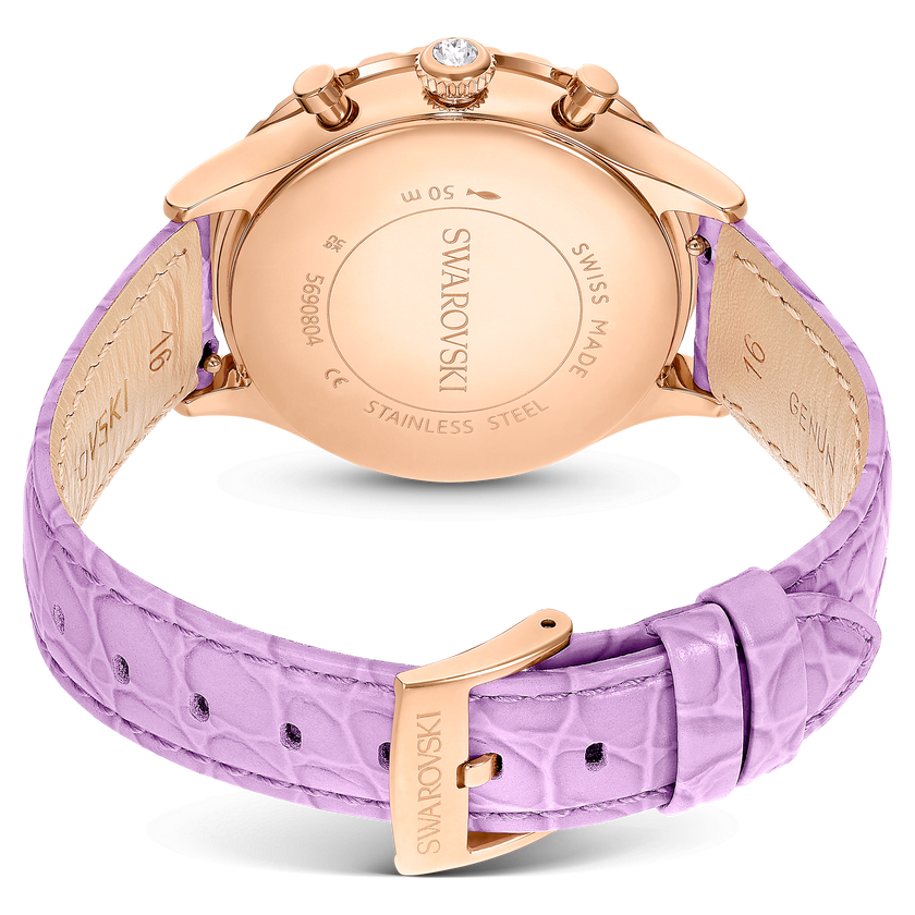 swarovski octea chrono watch  swiss made  leather strap  purple  rose gold tone finish