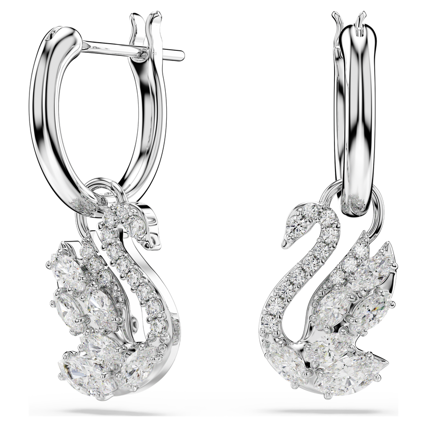 swarovski swan drop earrings  mixed cuts  swan  white  rhodium plated