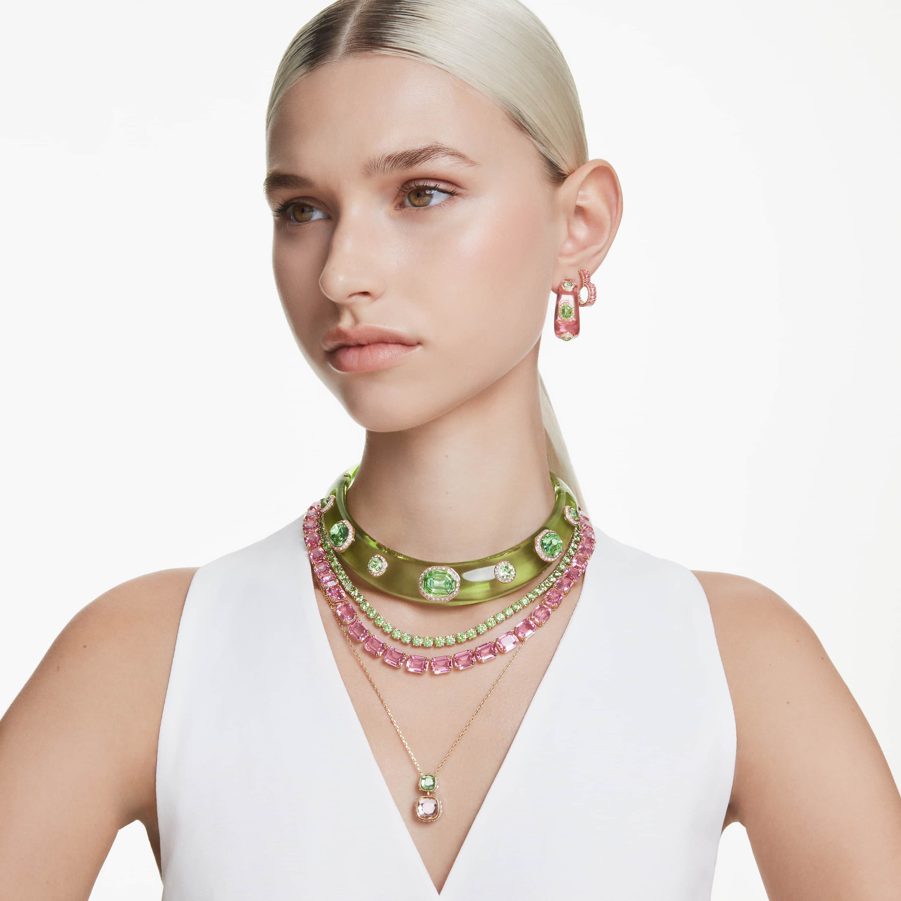 swarovski matrix hoop earrings  baguette cut  heart  small  pink  gold tone plated