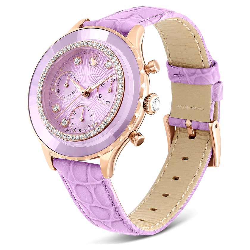 swarovski octea chrono watch  swiss made  leather strap  purple  rose gold tone finish