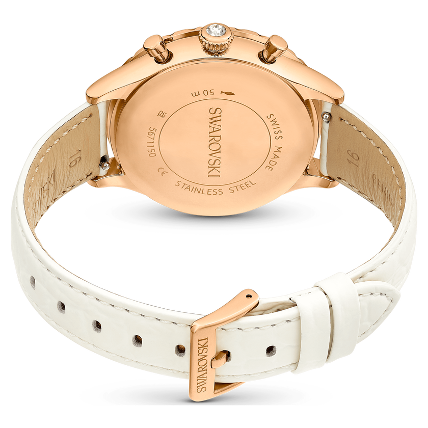 swarovski octea chrono watch  swiss made  leather strap  white  rose gold tone finish