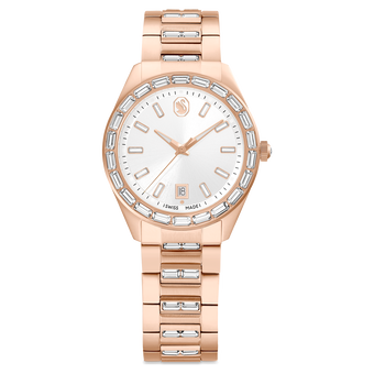 swarovski matrix date watch  swiss made  metal bracelet  rose gold tone  rose gold tone finish