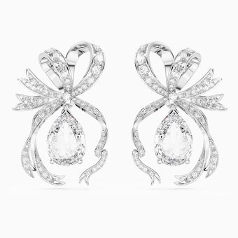 Volta drop earrings, Bow, White, Rhodium plated