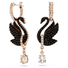 Swarovski Iconic Swan drop earrings, Swan, Black, Rose gold-tone plated