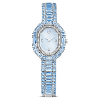 swarovski matrix octagon watch  baguette cut  metal bracelet  blue  stainless steel