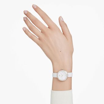 swarovski matrix tennis watch  swiss made  leather strap  white  champagne gold tone finish