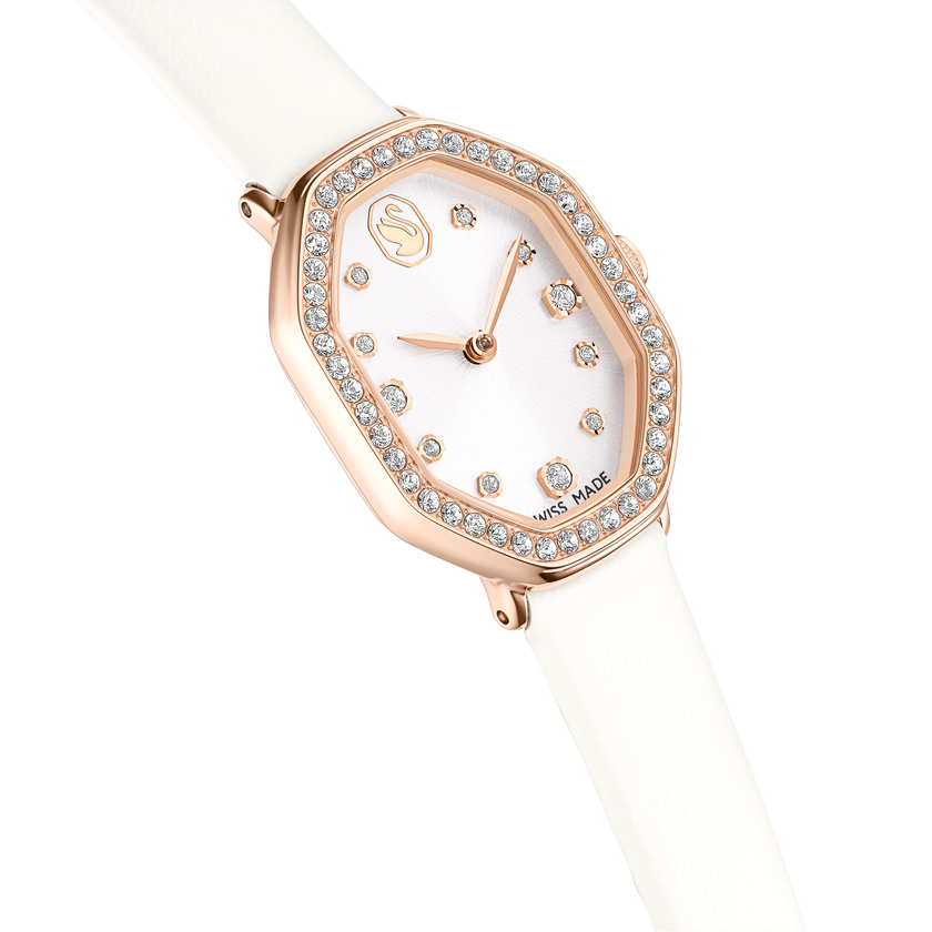 swarovski dextera octagon watch  swiss made  leather strap  white  rose gold tone finish