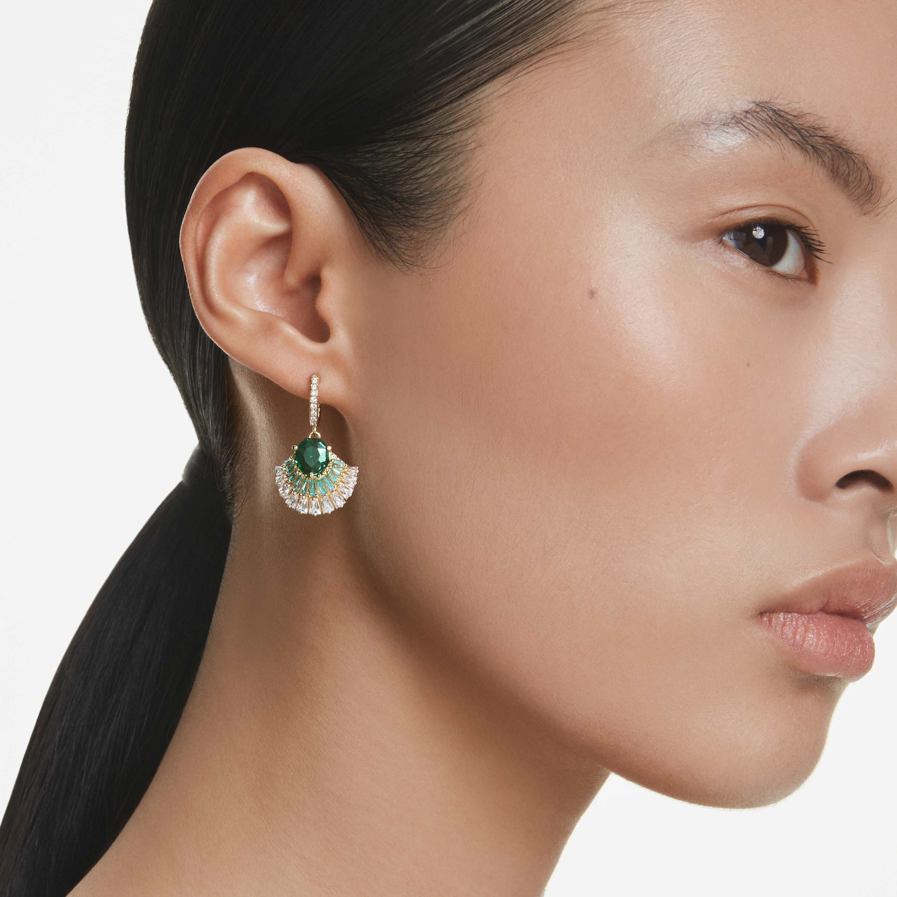 swarovski idyllia drop earrings  mixed cuts  shell  green  gold tone plated