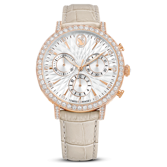 swarovski matrix tennis chrono watch  swiss made  leather strap  beige  rose gold tone finish