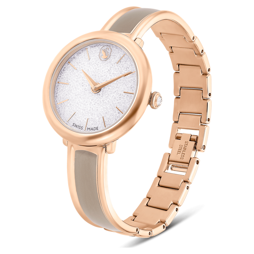 swarovski crystalline bangle watch  swiss made  metal bracelet  beige  rose gold tone finish