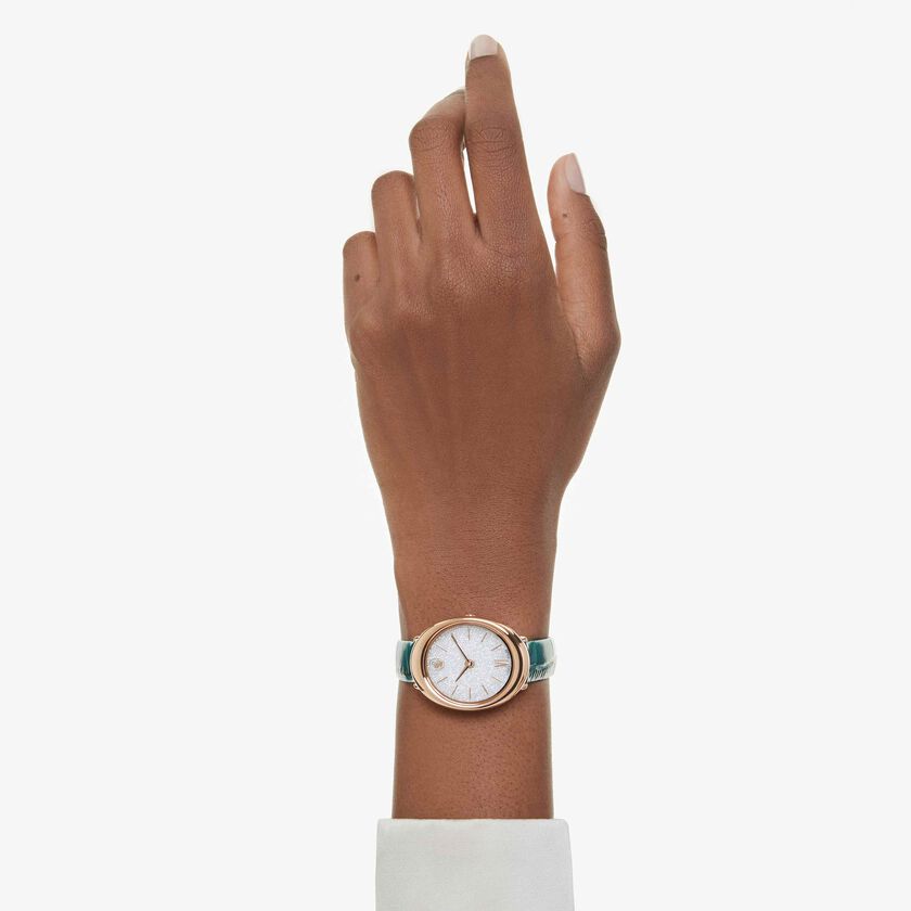 swarovski imber oval watch  swiss made  leather strap  green  rose gold tone finish