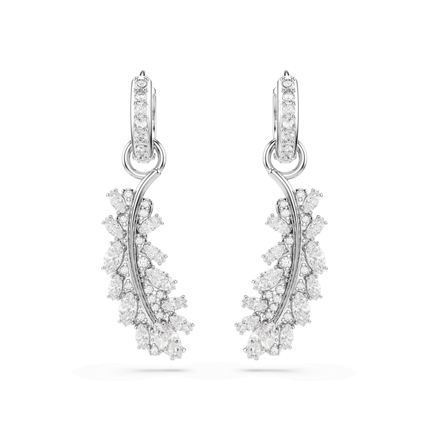 swarovski vienna earrings  mixed cuts  feather  white  rhodium plated