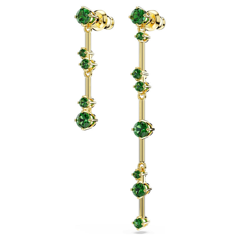 swarovski constella drop earrings  asymmetrical design  round cut  green  gold tone plated