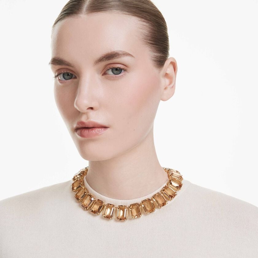 swarovski millenia tennis necklace  oversized crystals  octagon cut  caramel  gold tone plated