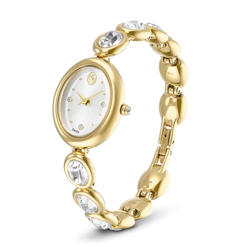 swarovski imber oval watch  swiss made  metal bracelet  gold tone  gold tone finish
