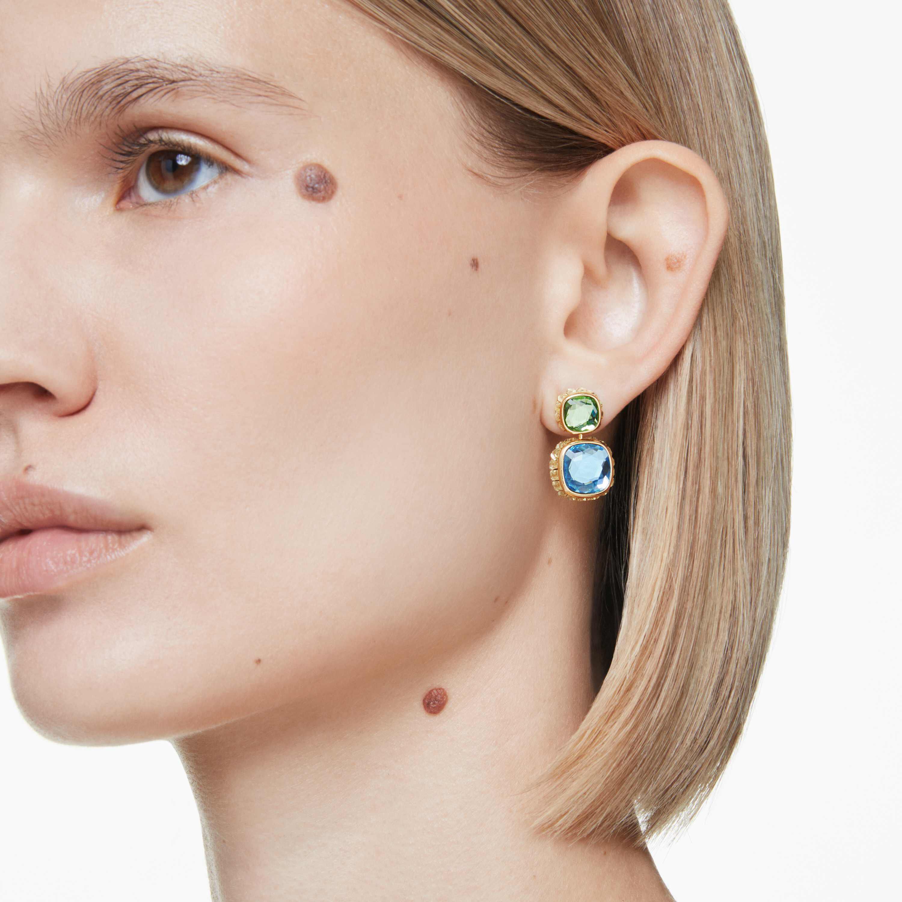 swarovski chroma drop earrings  cushion cut  multicolored  gold tone plated