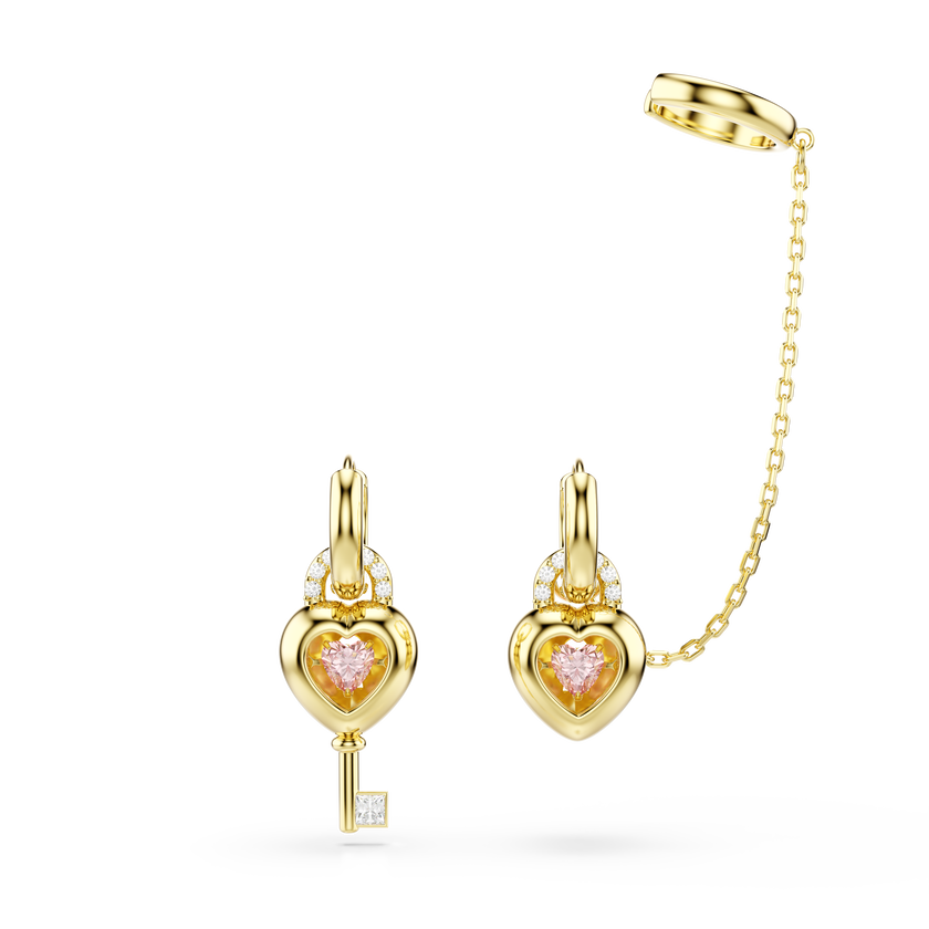 swarovski idyllia drop earrings with ear cuff  mixed cuts  heart with key  pink  gold tone plated