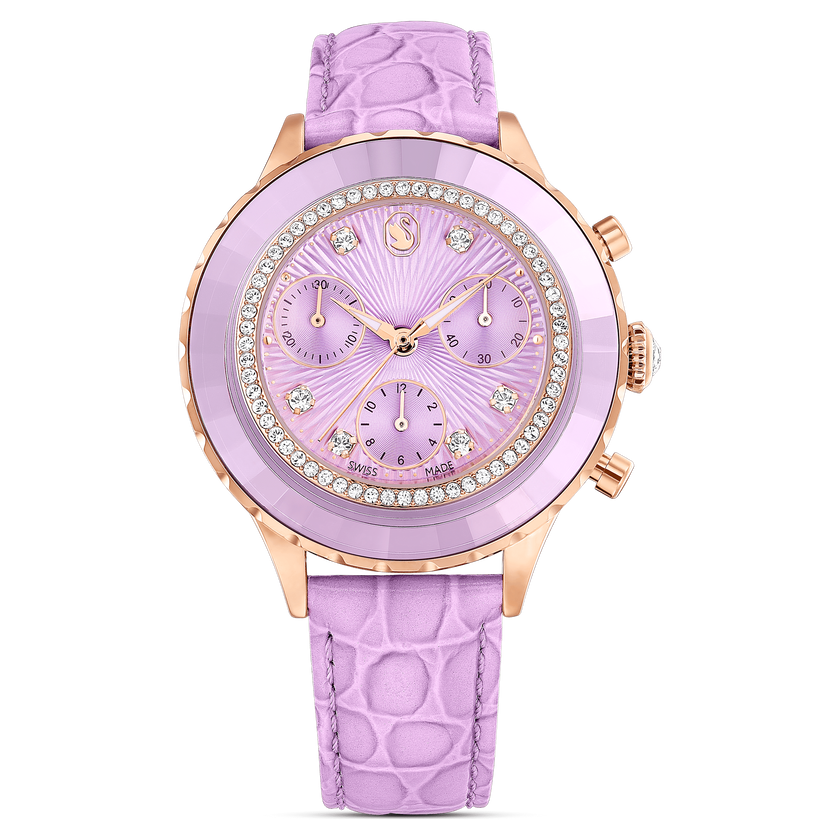 swarovski octea chrono watch  swiss made  leather strap  purple  rose gold tone finish