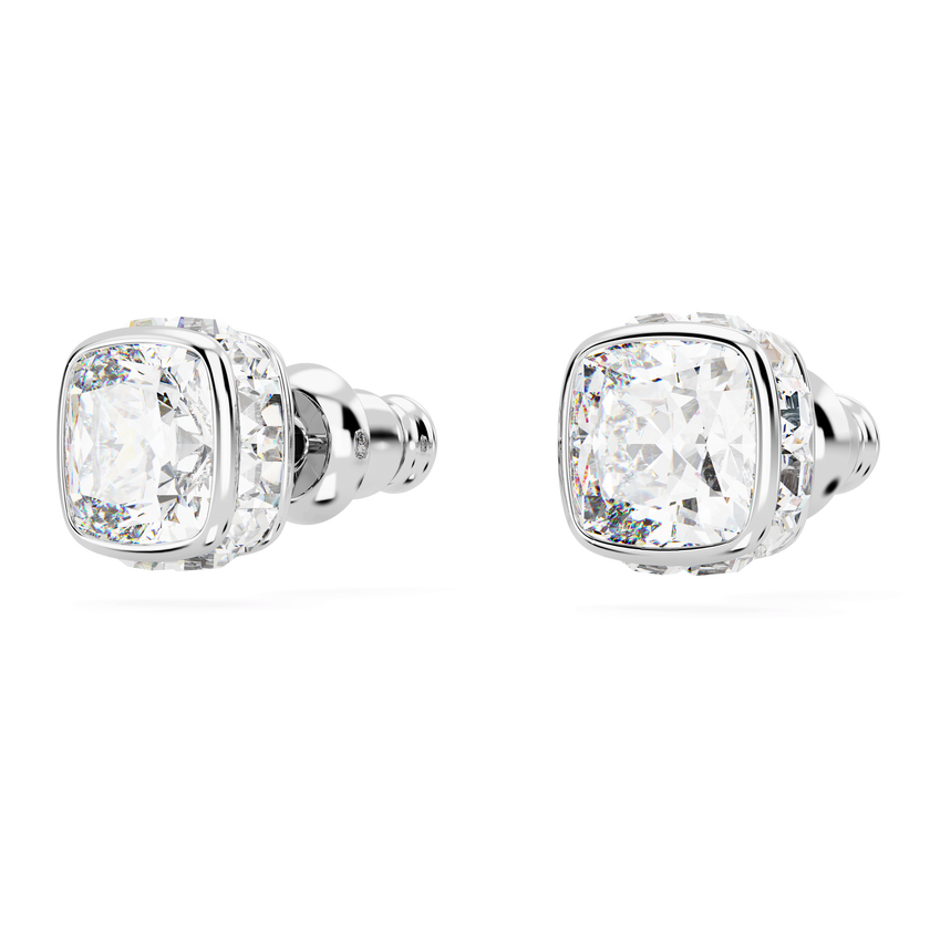 swarovski birthstone stud earrings  square cut  april  white  rhodium plated