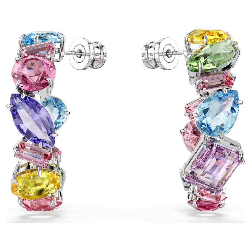swarovski gema hoop earrings  asymmetrical design  mixed cuts  small  multicolored  rhodium plated