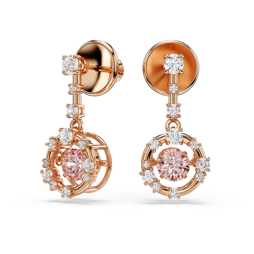 swarovski constella drop earrings  round cut  dancing stone  pink  rose gold tone plated