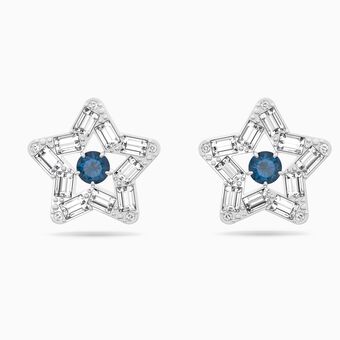 Stella stud earrings, Star, Blue, Rhodium plated