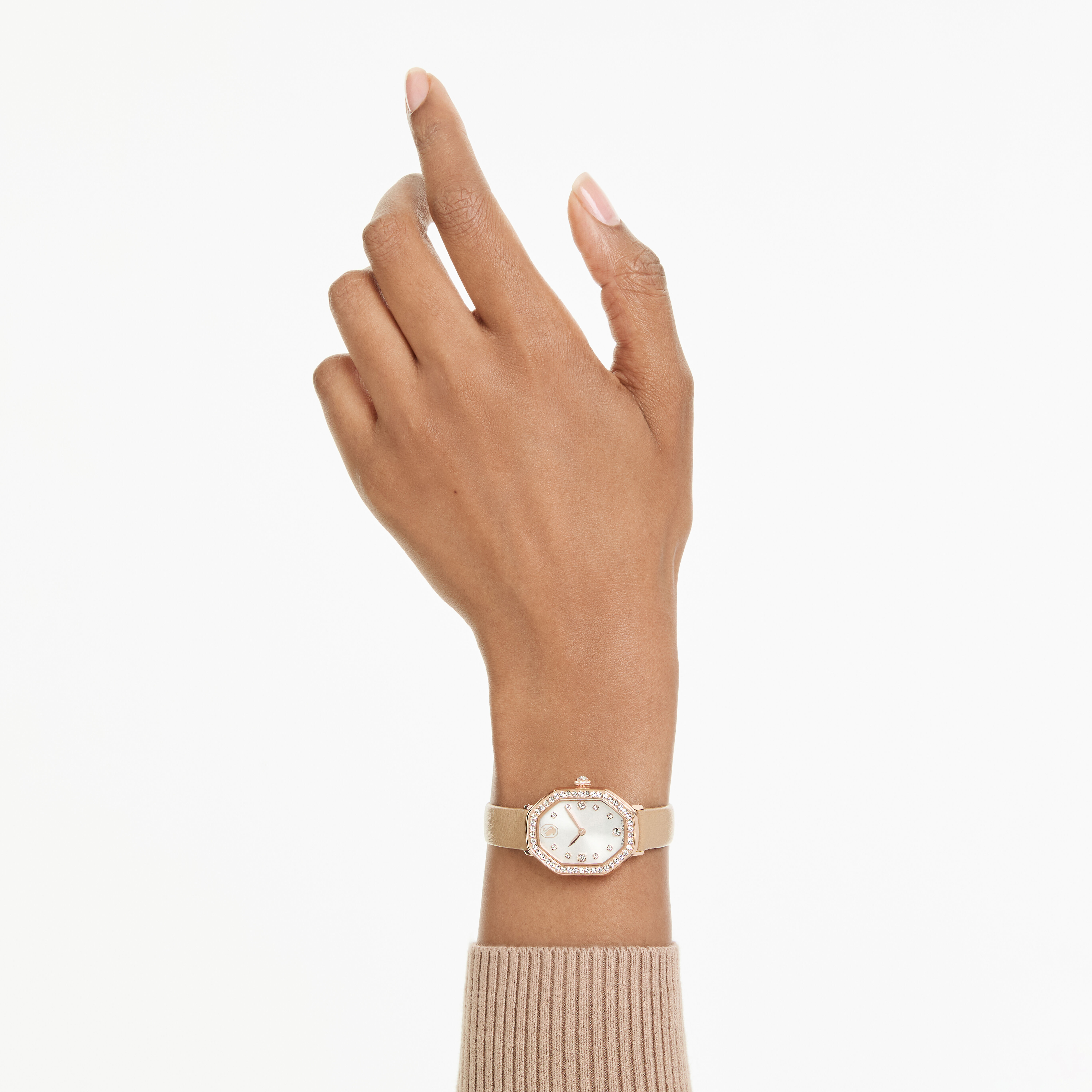 swarovski dextera octagon watch  swiss made  leather strap  brown  rose gold tone finish