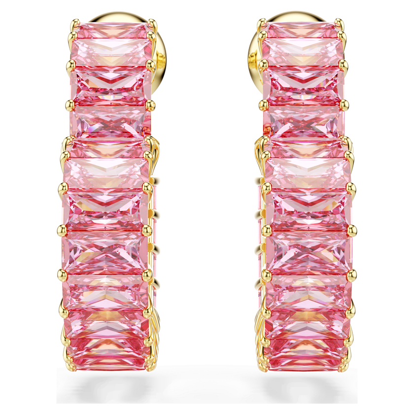 swarovski matrix hoop earrings  baguette cut  heart  small  pink  gold tone plated