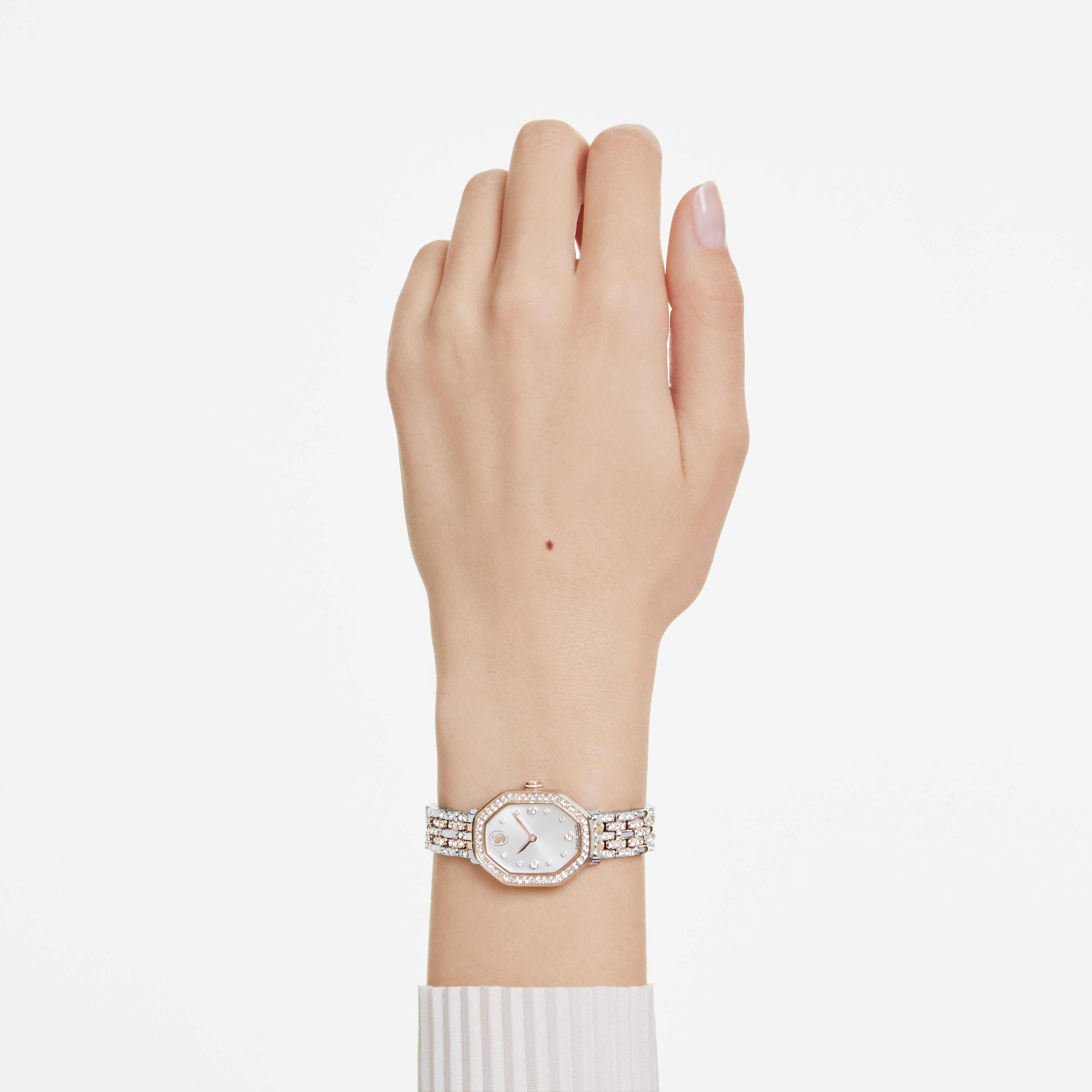 swarovski dextera octagon watch  swiss made  metal bracelet  silver tone  rose gold tone finish