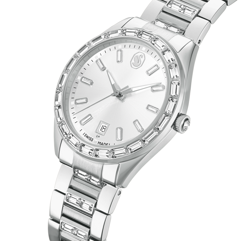 swarovski matrix date watch  swiss made  metal bracelet  silver tone  stainless steel