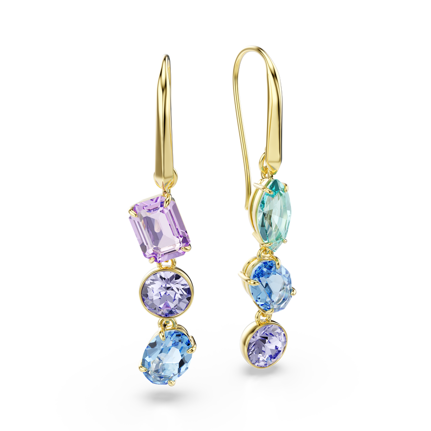 swarovski gema drop earrings  asymmetrical design  mixed cuts  multicolored  gold tone plated