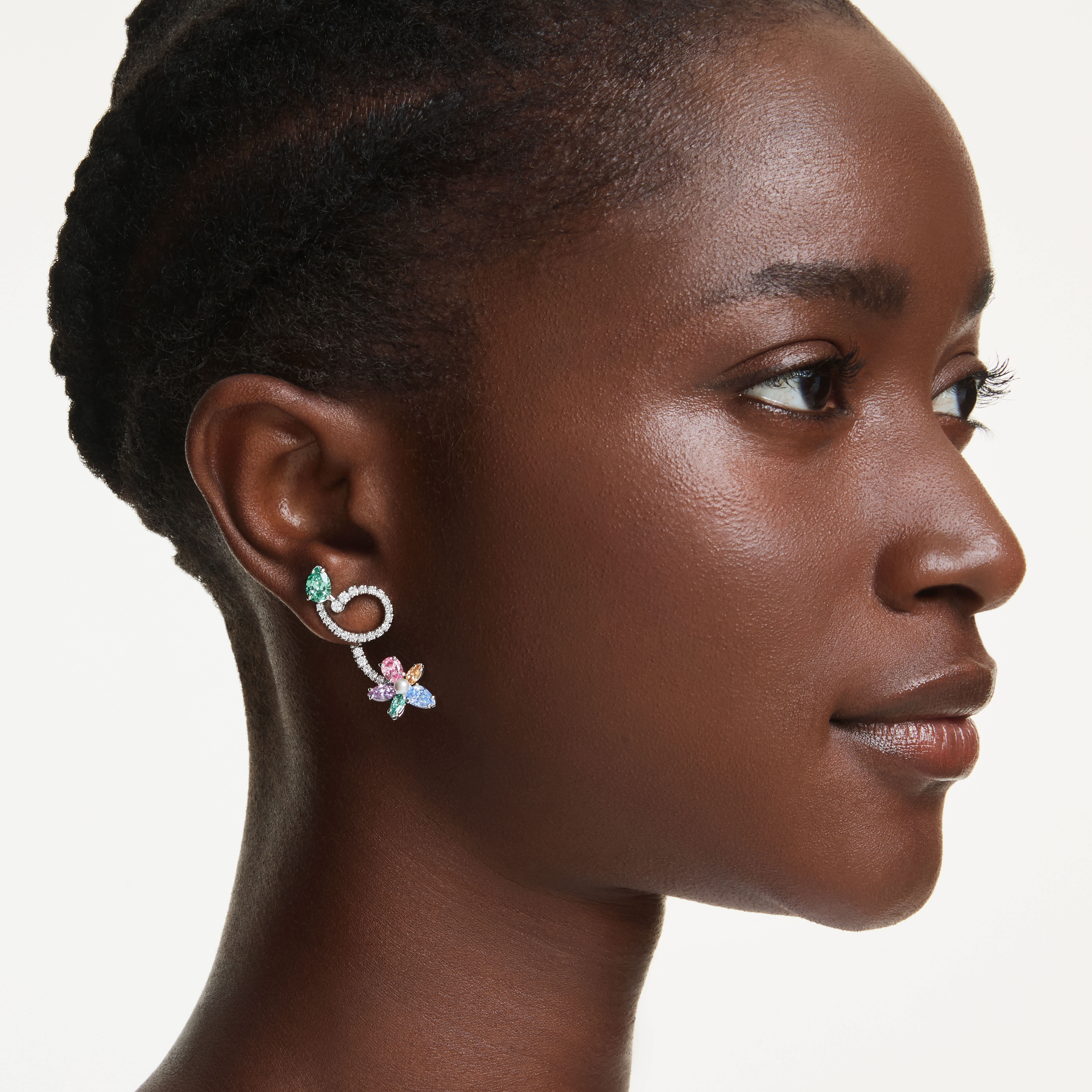 ariana grande x swarovski drop earrings with ear jacket  mixed cuts  dragonfly  flower  multicolored  rhodium plated