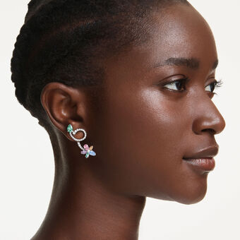 ariana grande x swarovski drop earrings with ear jacket  mixed cuts  dragonfly  flower  multicolored  rhodium plated