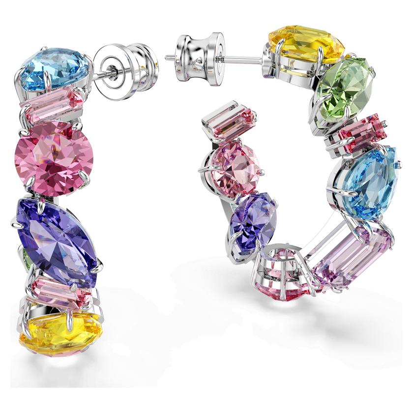 swarovski gema hoop earrings  asymmetrical design  mixed cuts  small  multicolored  rhodium plated