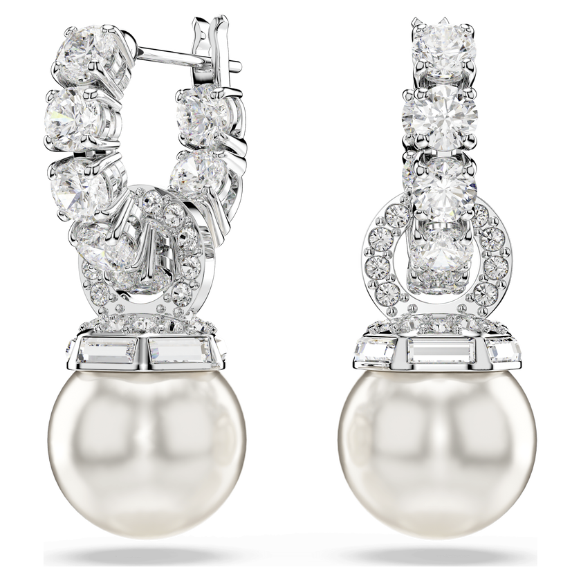swarovski matrix drop earrings  crystal pearl  round cut  white  rhodium plated