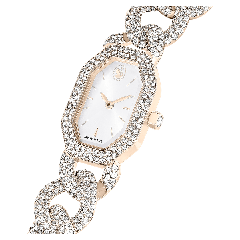 swarovski dextera chain watch  swiss made  crystal bracelet  white  champagne gold tone finish