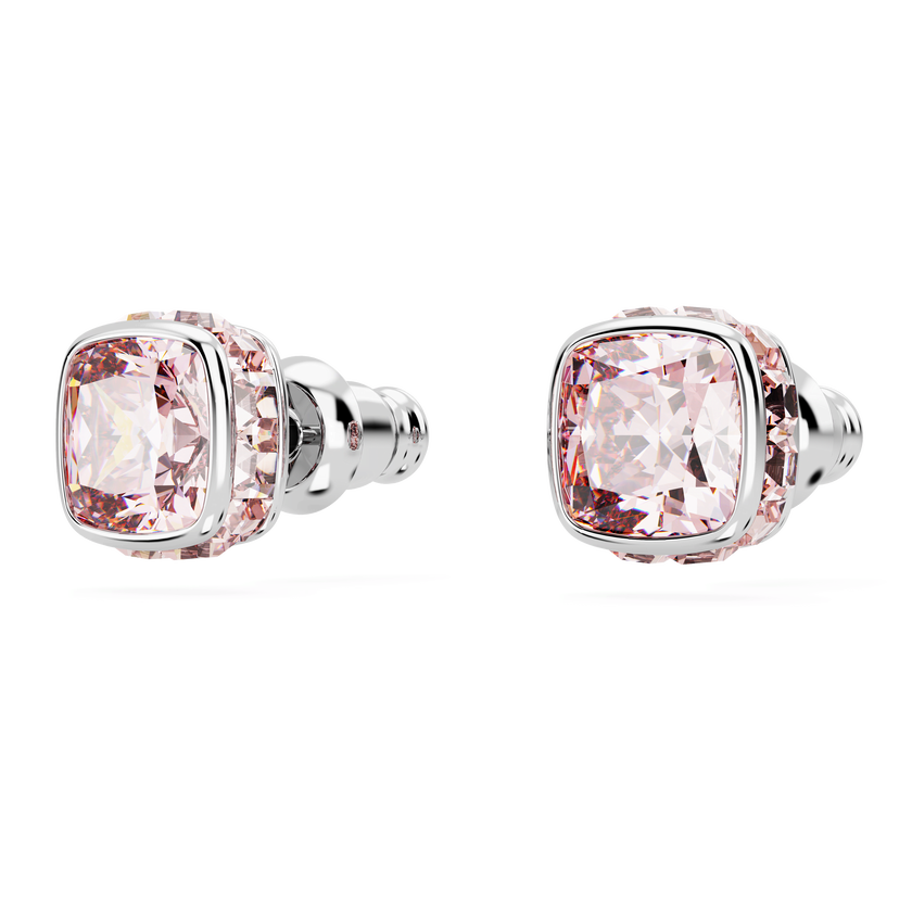 swarovski birthstone stud earrings  square cut  june  pink  rhodium plated