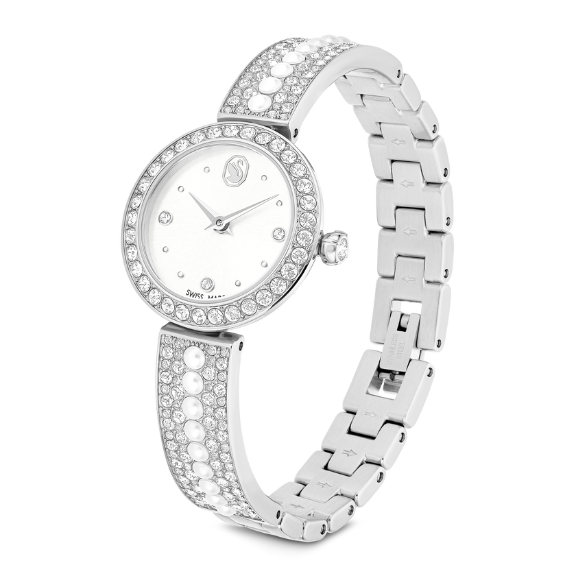 swarovski matrix pearl bangle watch  swiss made  crystal bracelet  white  stainless steel
