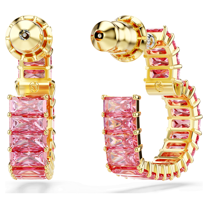 swarovski matrix hoop earrings  baguette cut  heart  small  pink  gold tone plated