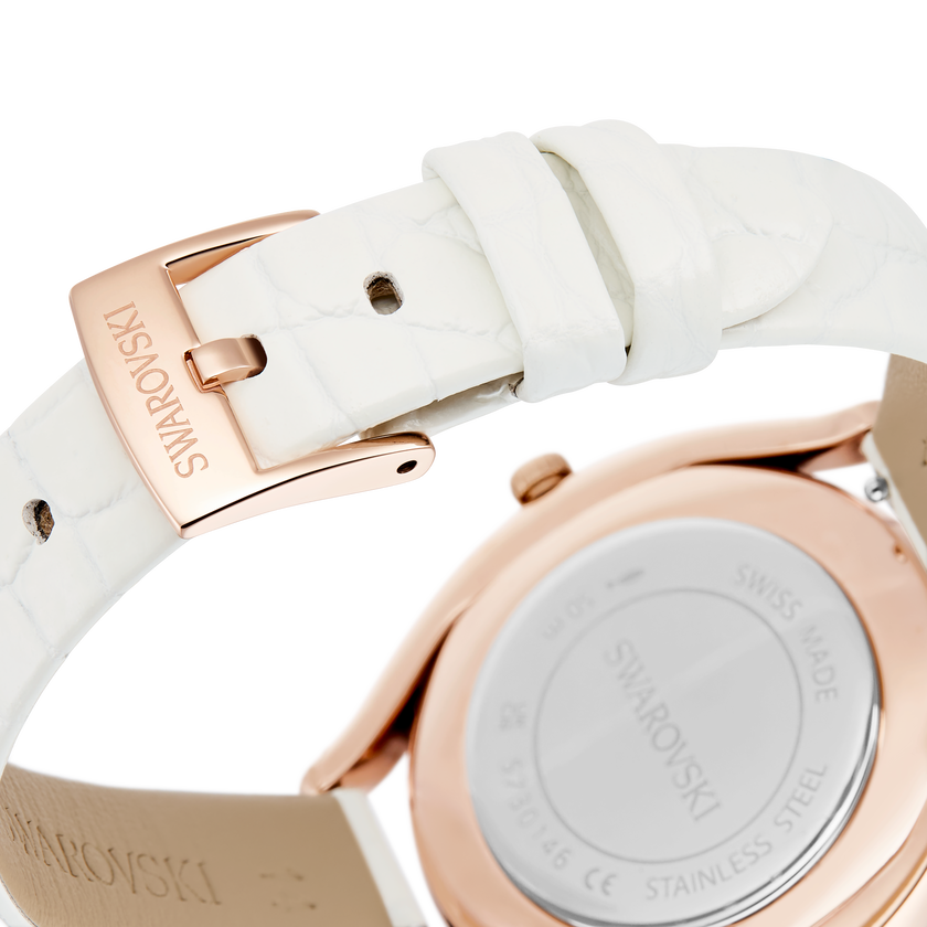 swarovski crystalline aura watch  swiss made  leather strap  white  rose gold tone finish