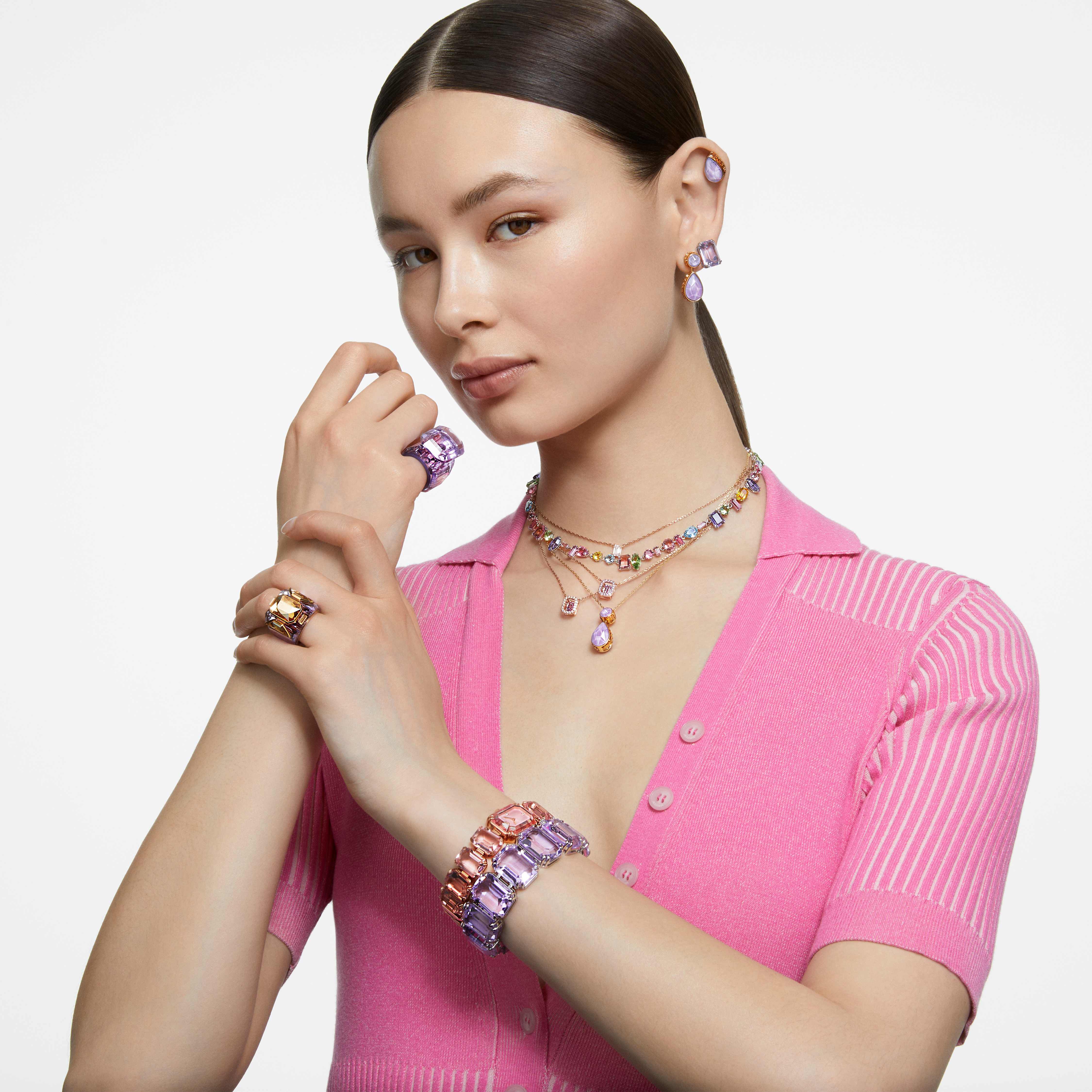 swarovski gema necklace  mixed cuts  multicolored  rhodium plated