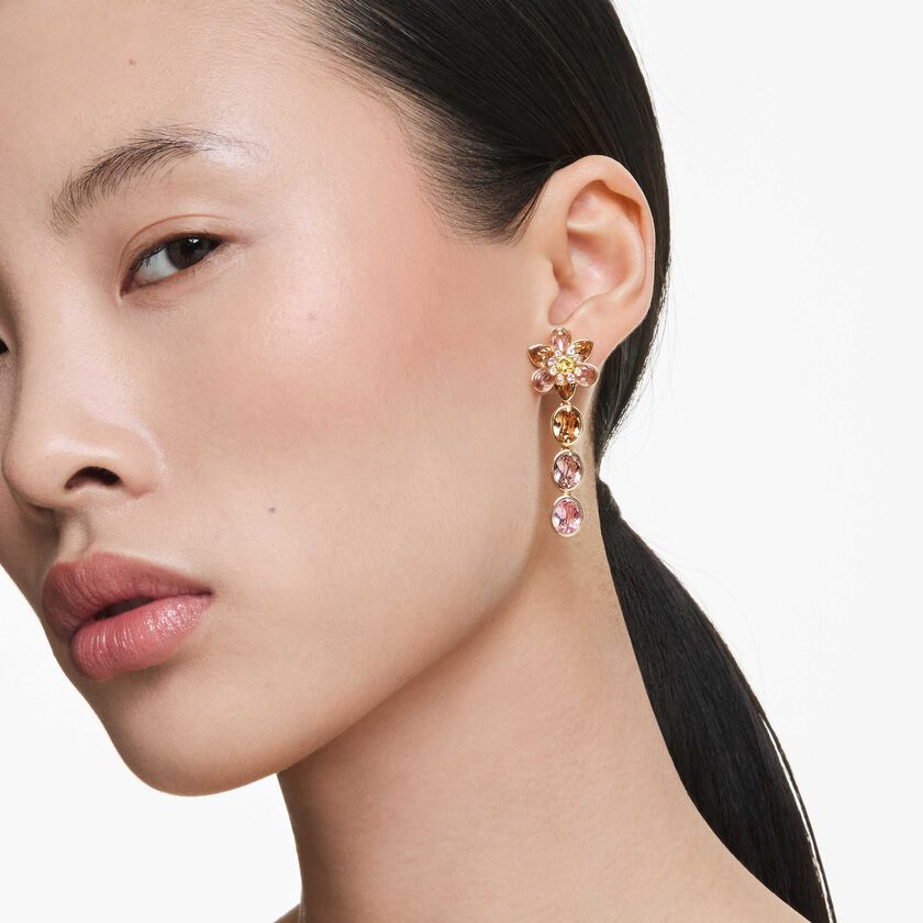 swarovski idyllia drop earrings  mixed cuts  flower  multicolored  gold tone plated