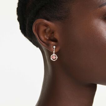 swarovski constella drop earrings  round cut  dancing stone  pink  18k rose gold finish