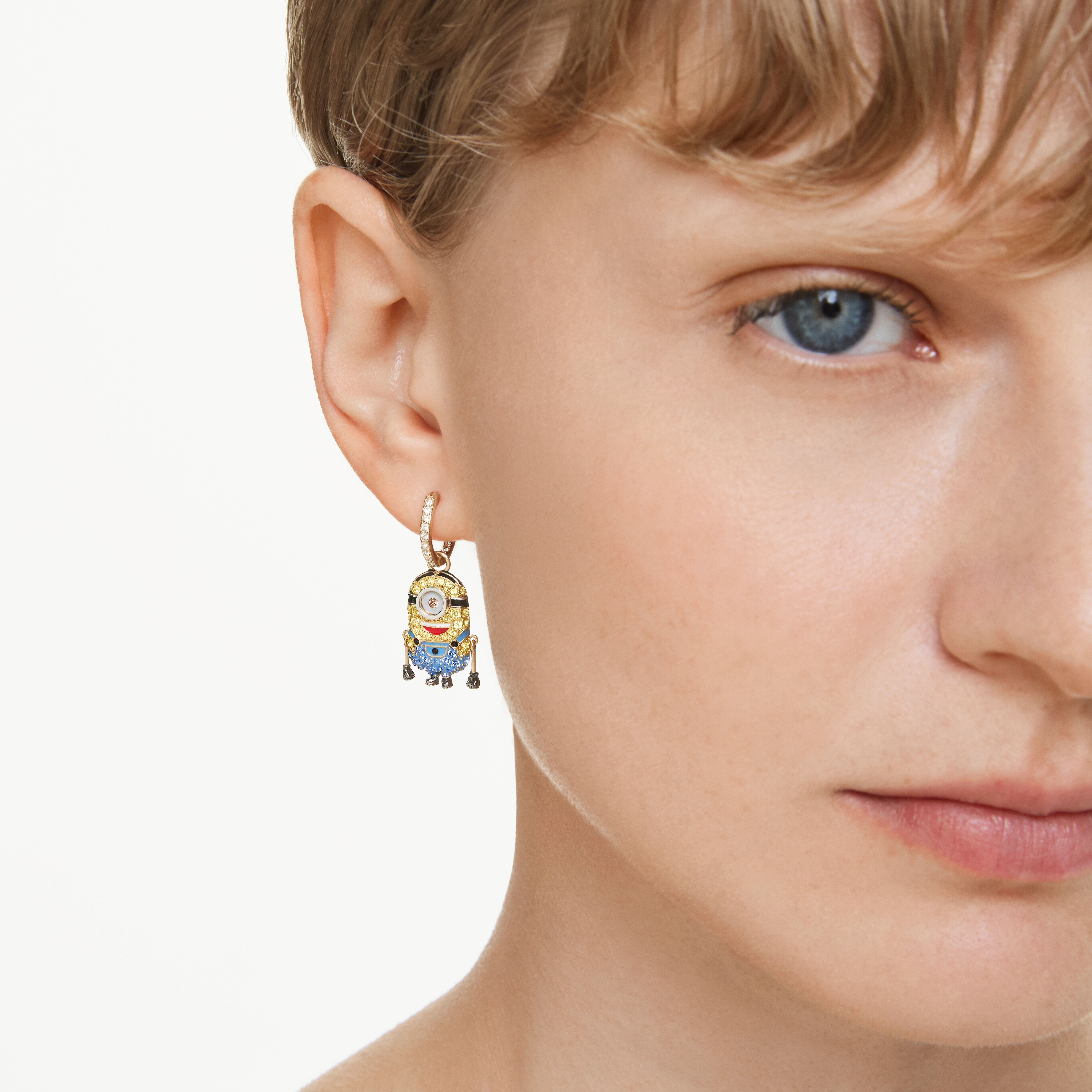 swarovski minions stuart and banana hoop earrings  pav   mini  multicolored  gold tone plated