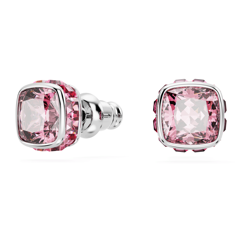 swarovski birthstone stud earrings  square cut  october  pink  rhodium plated