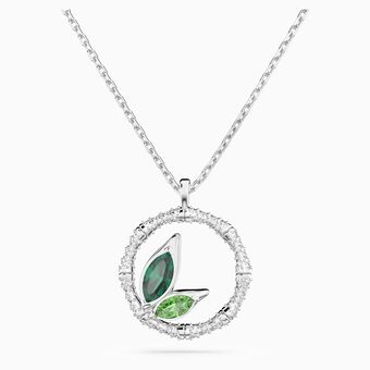 Dellium necklace, Circle, Bamboo, Green, Rhodium plated