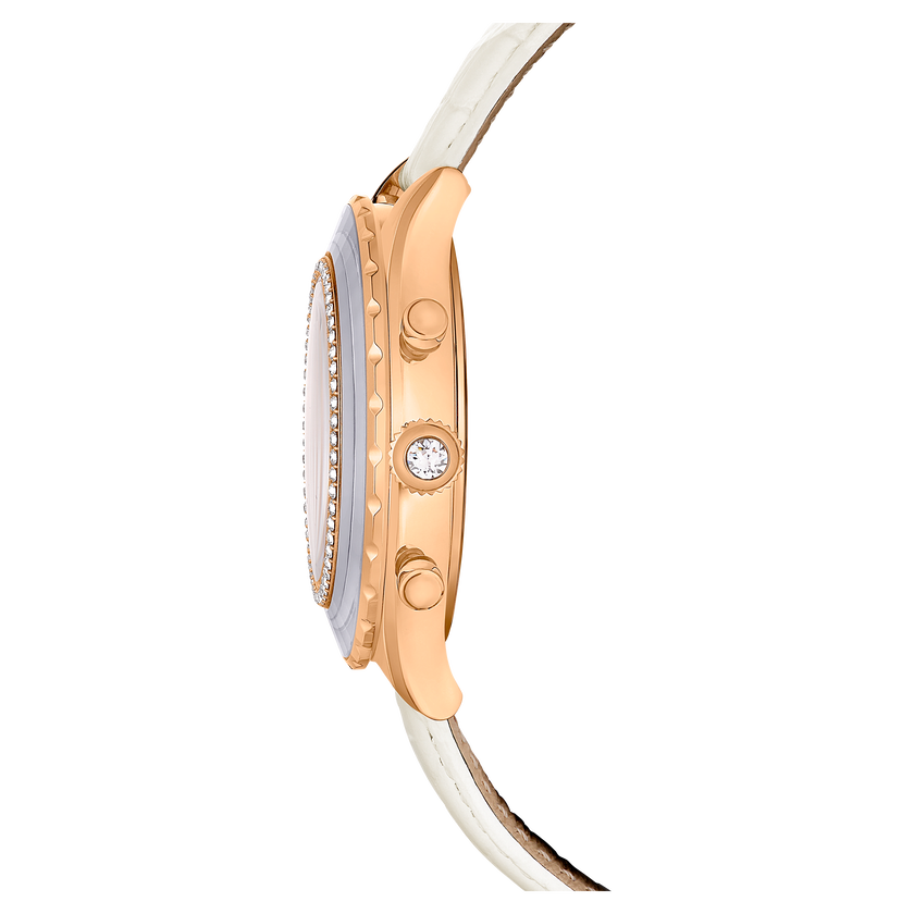 swarovski octea chrono watch  swiss made  leather strap  white  rose gold tone finish