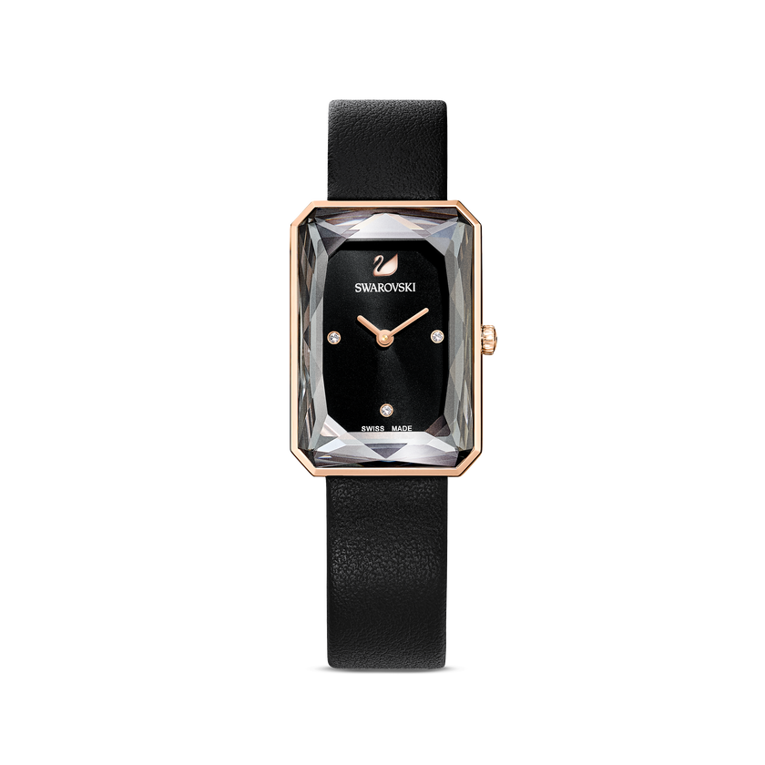 Uptown Watch, Leather strap, Black, Rose-gold tone PVD